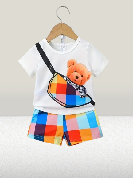 2-Piece Bear Print Baby Boy Tee Shirt and Plaid Shorts