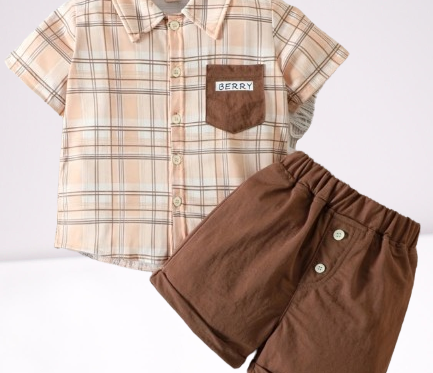 2-Piece Boys’ Casual Plaid Short Sleeve Lapel Shirt and Shorts