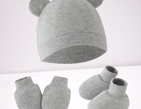 3- piece Newborn Set, complete with a turban, mittens, gloves, and non-slip socks