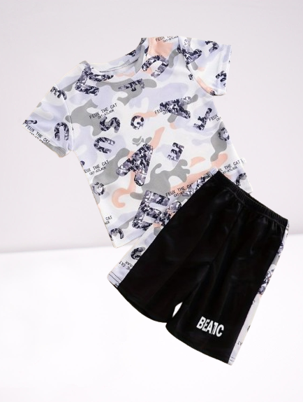 2-Piece Kids Sports Suit featuring Quick-drying Camouflage T-shirt and Track Shorts